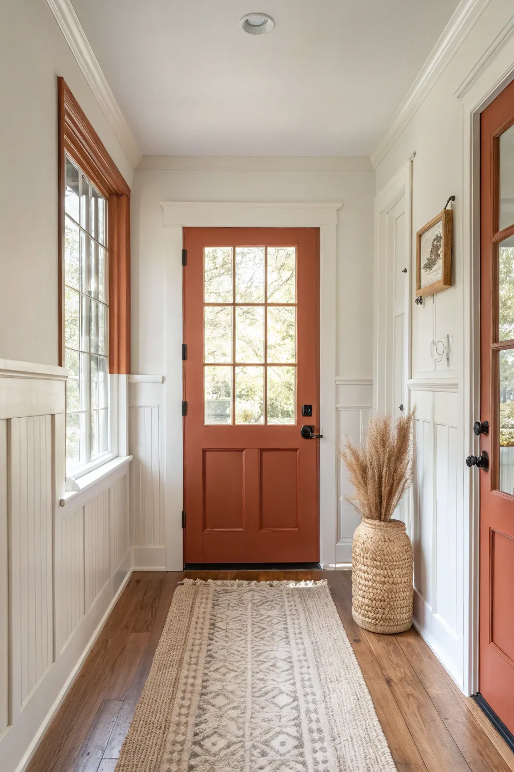 A bold painted door and trim turn a neutral home office entry into an instant signature moment.