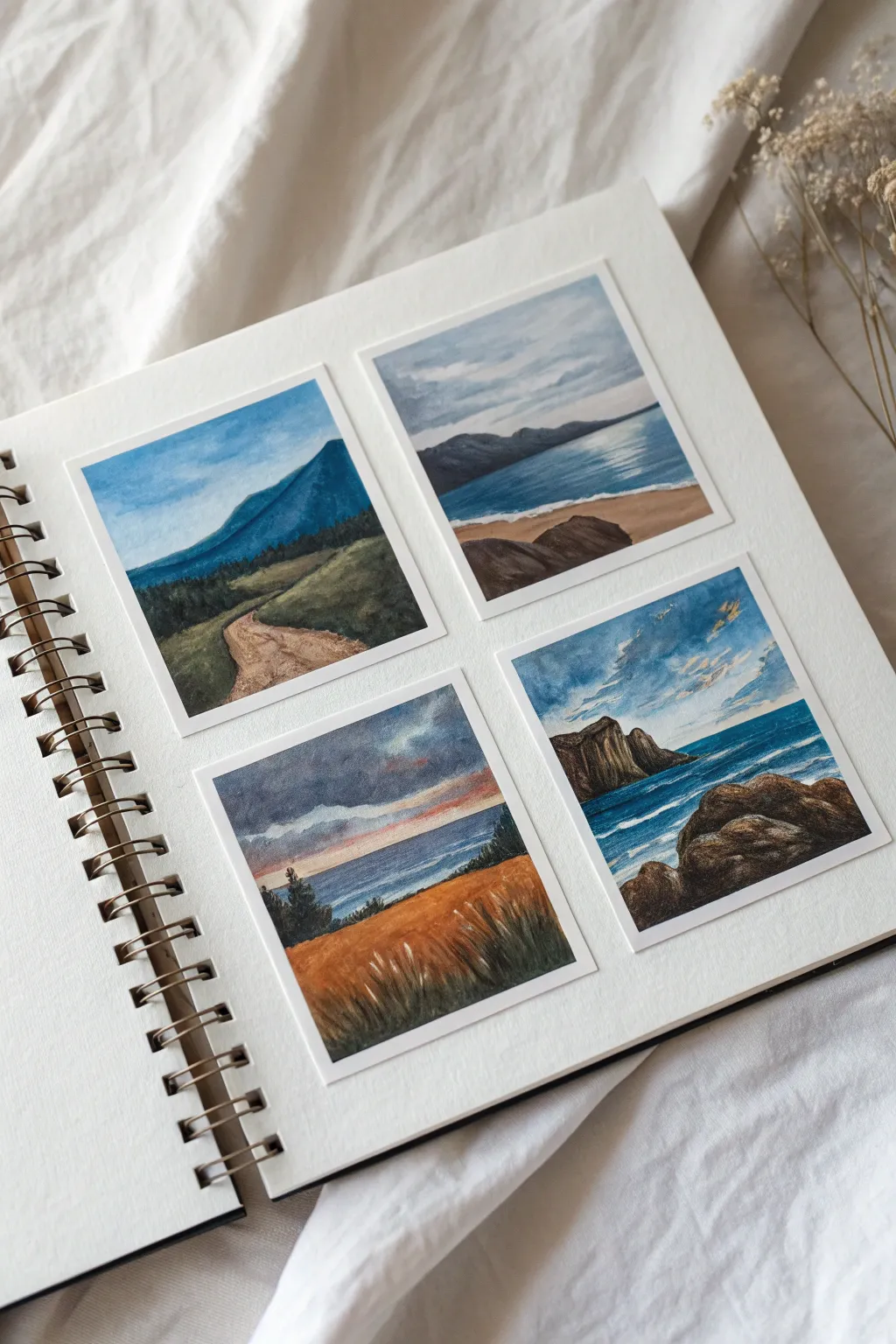 Limited palette mini landscapes for fast learning, four moods painted in one cohesive oil study set.