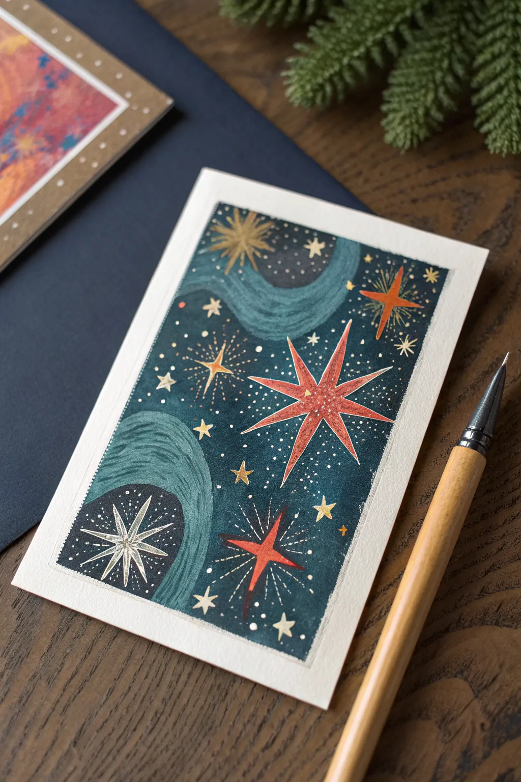 Sgraffito oil pastel night sky with scratched stars and fireflies, minimal and high contrast