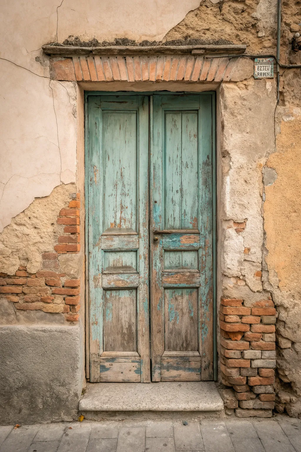 Oil pastel idea: textured old door with peeling paint and brick study in soft boho neutrals.
