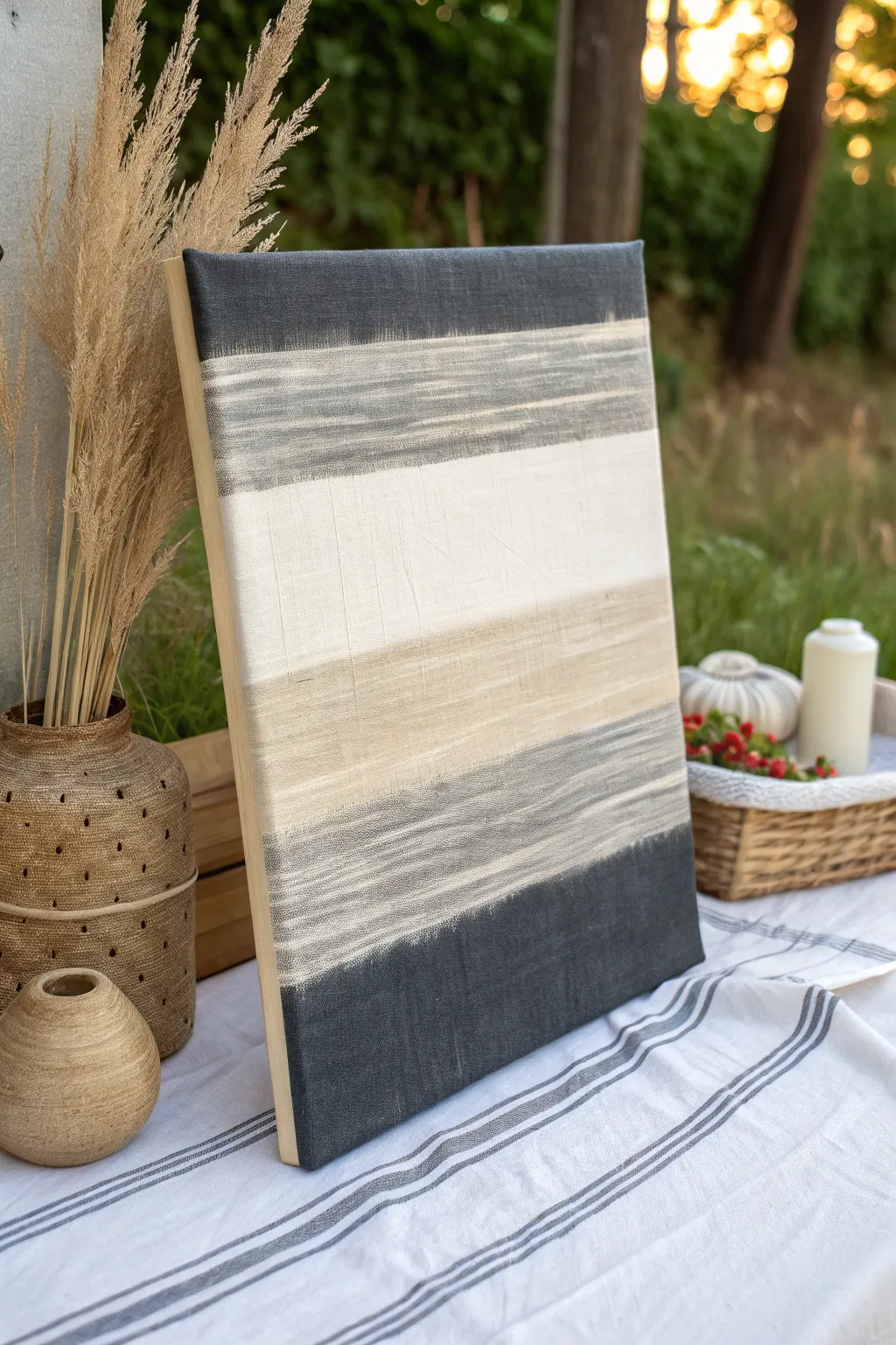 Rustic dry-brush ombre stripes with bristle texture, a minimalist canvas idea with boho warmth