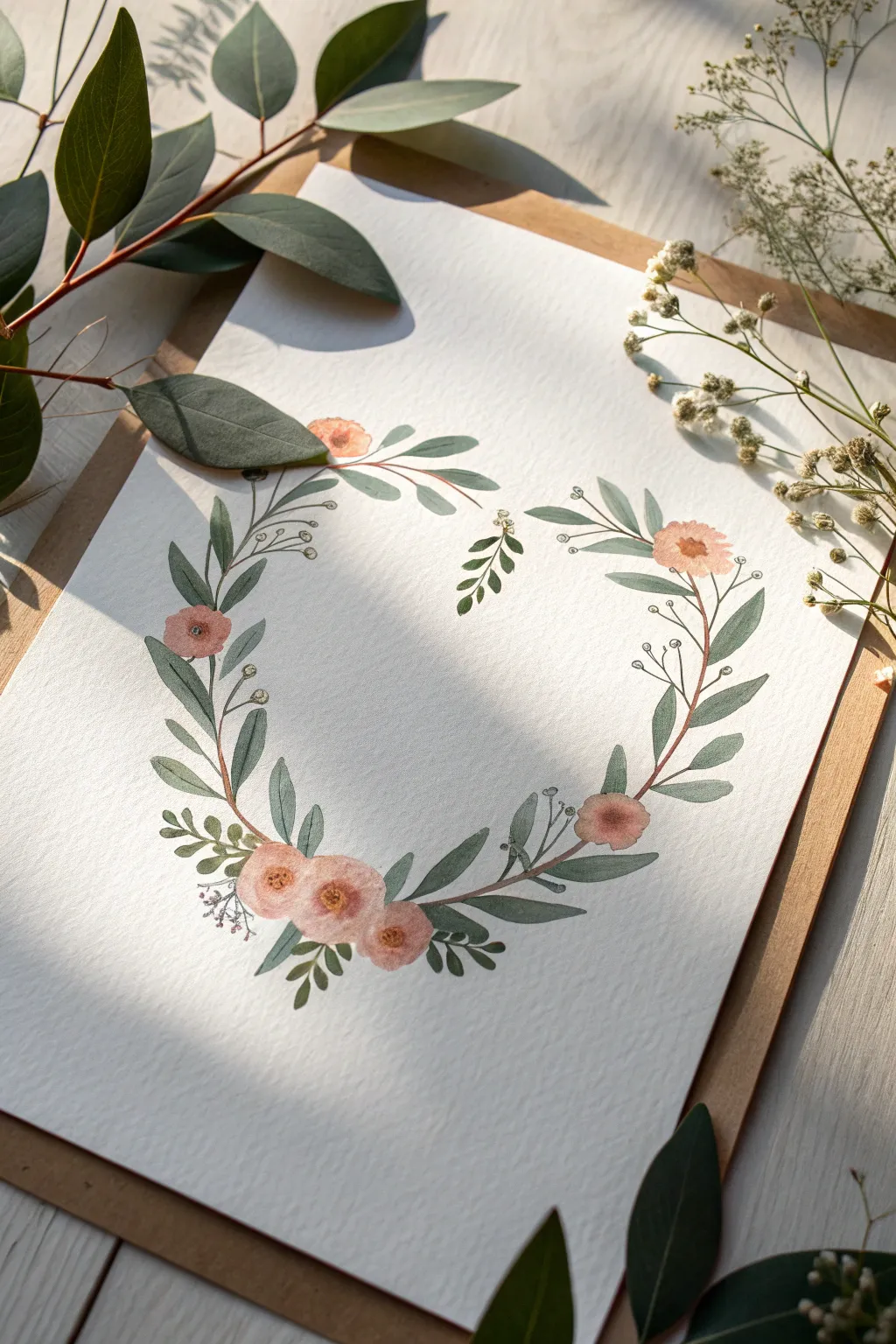 One-stroke leaves and petals form a minimalist floral frame with a crisp heart of negative space.