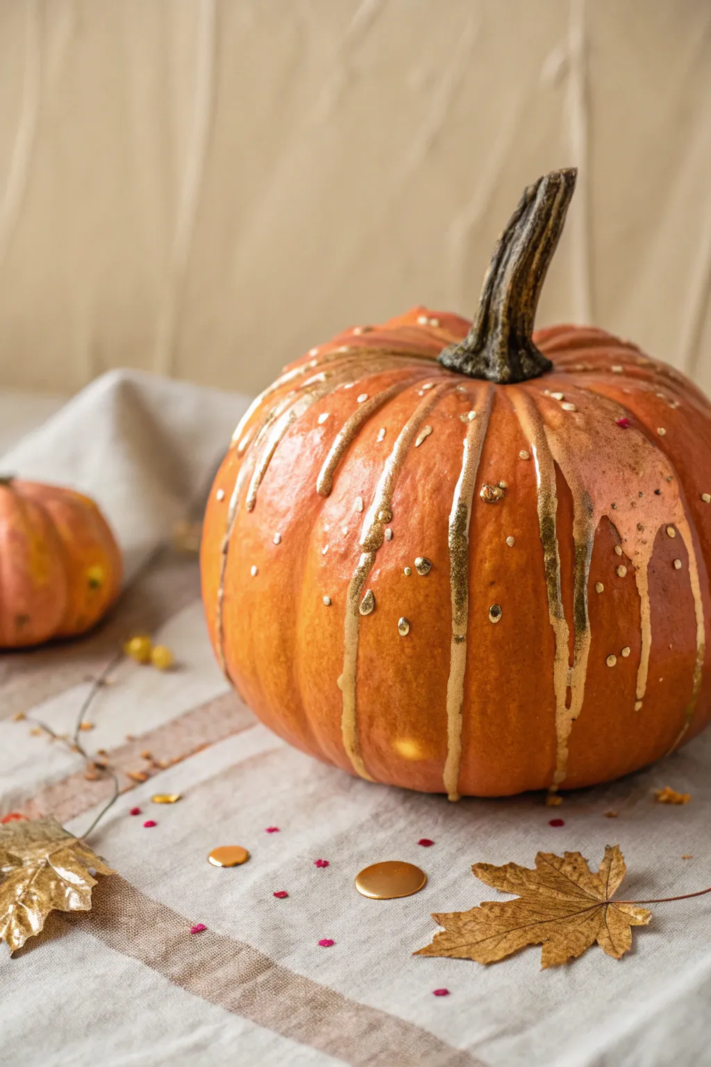 Glossy orange pumpkin with gold and rose-gold drips for chic glam contrast