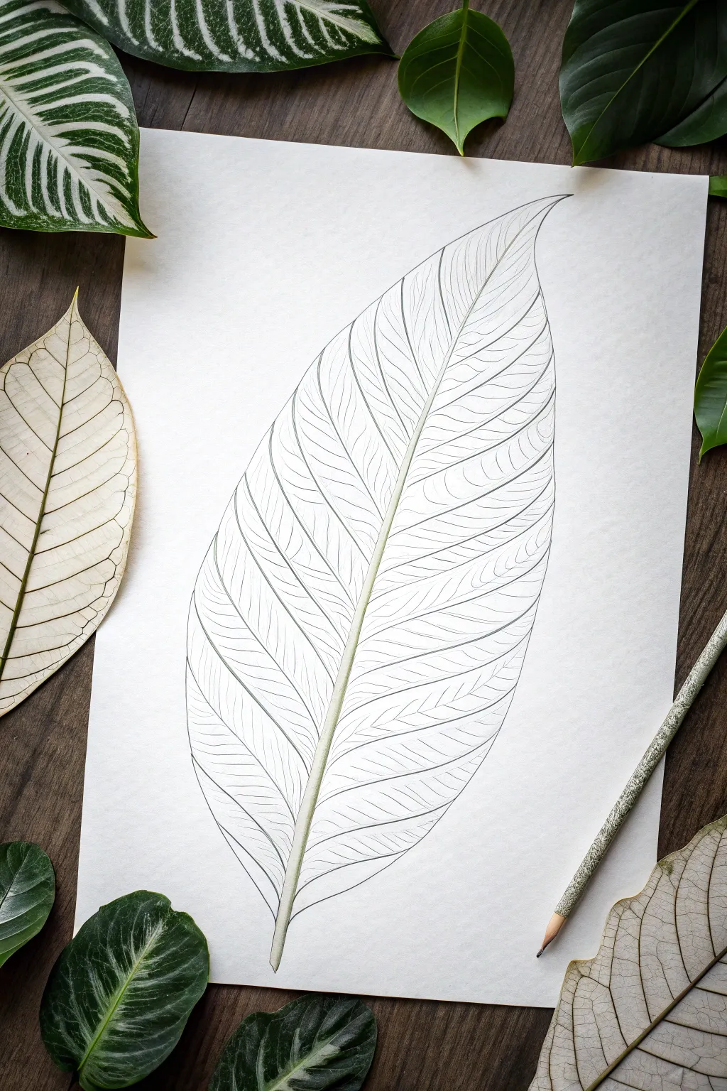 Organic-geometric leaf doodle: half realistic, half flowing patterns for calm minimalist sketching