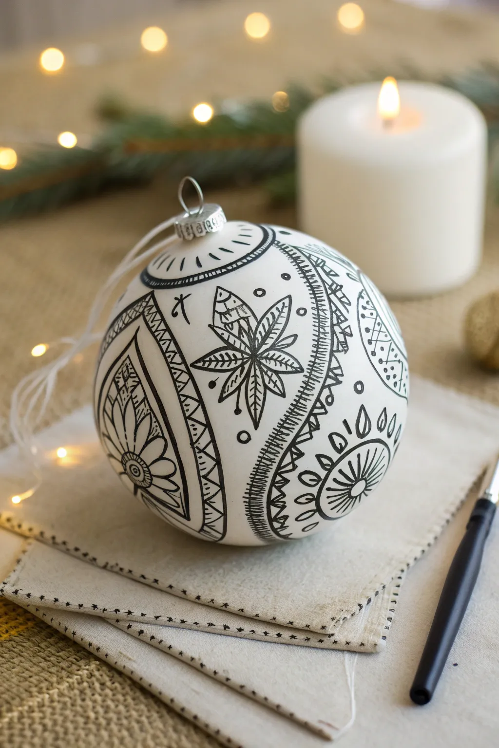 Zentangle ornament close-up: calming ink patterns on crisp white in minimalist boho style.
