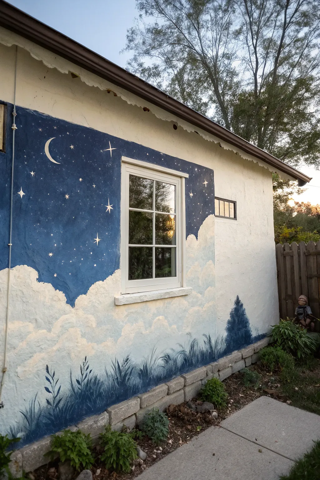 Faux window mural to an indigo night sky with stars, creating cozy open-air room vibes