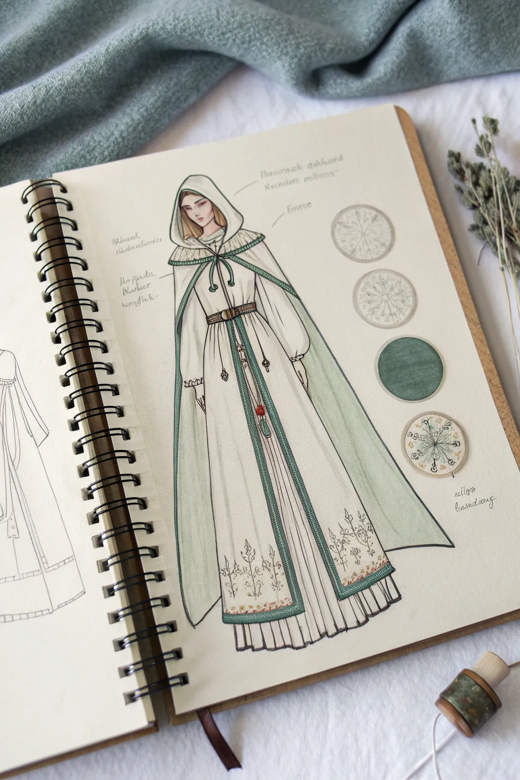 Minimal fantasy cape outfit sketch with delicate trims, embroidery and clasp detail insets
