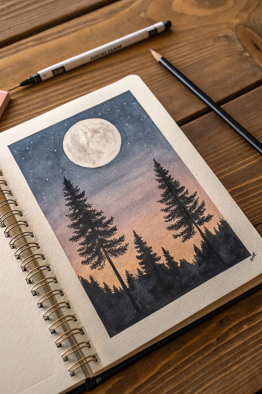 Moonrise sketch idea: a pale moon over a dark tree line with a soft dusk gradient