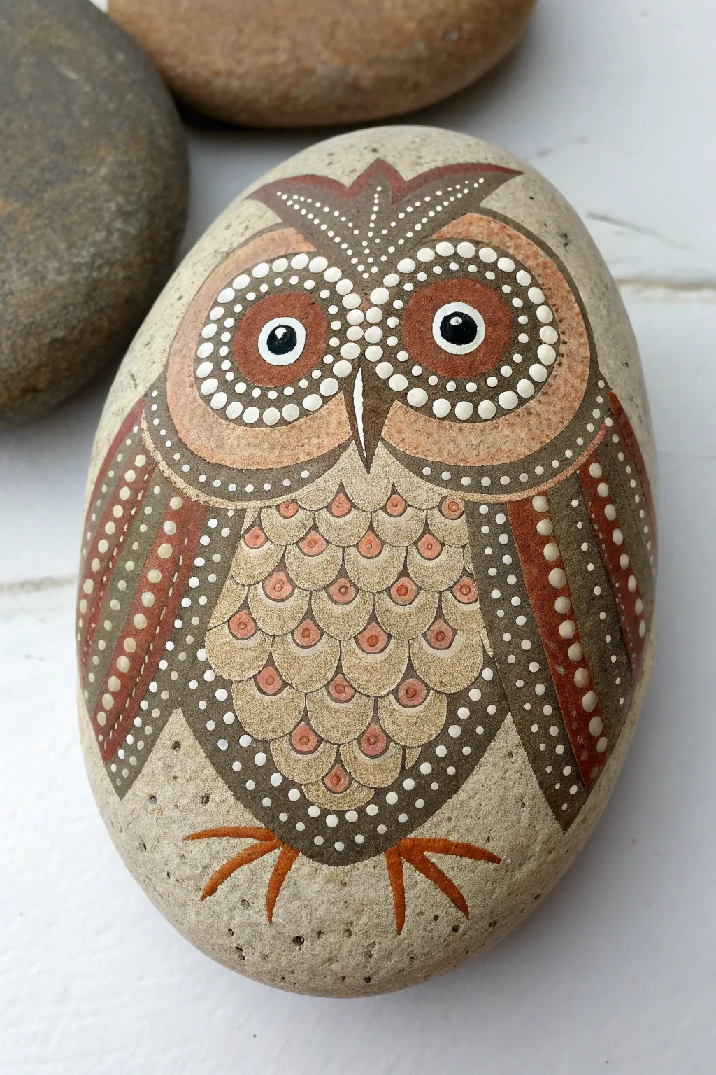 Dot-painted boho owl on an oval rock in earthy tones, minimal styling, crisp contrast