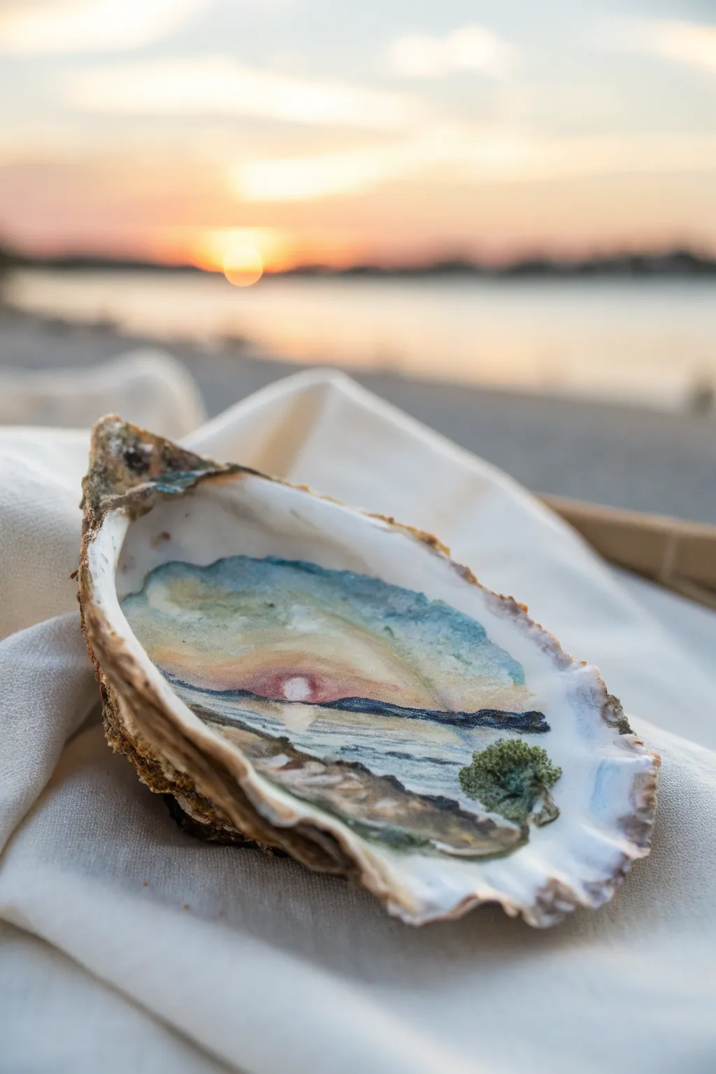 A tiny sunset seascape painted inside an oyster shell, minimal and coastal-chic