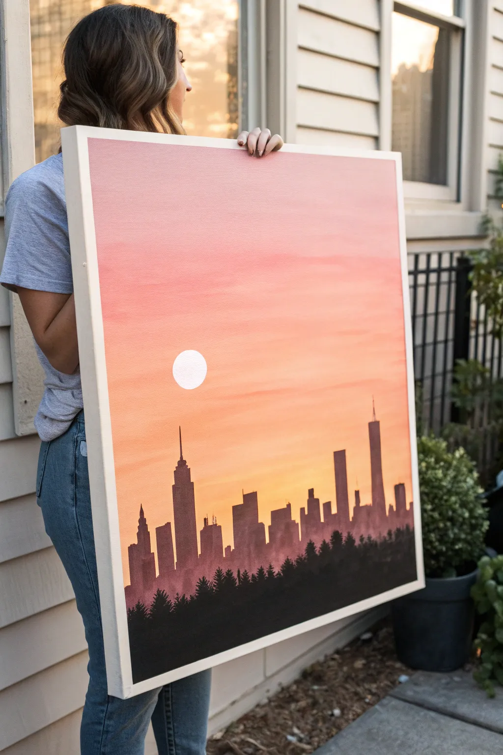 Simple sunset skyline with bold stencil silhouette, perfect for a cozy paint and sip night