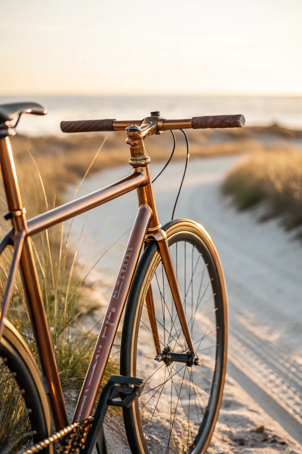 Copper metallic bike frame glowing in golden light, a luxe paint idea with minimalist boho vibes