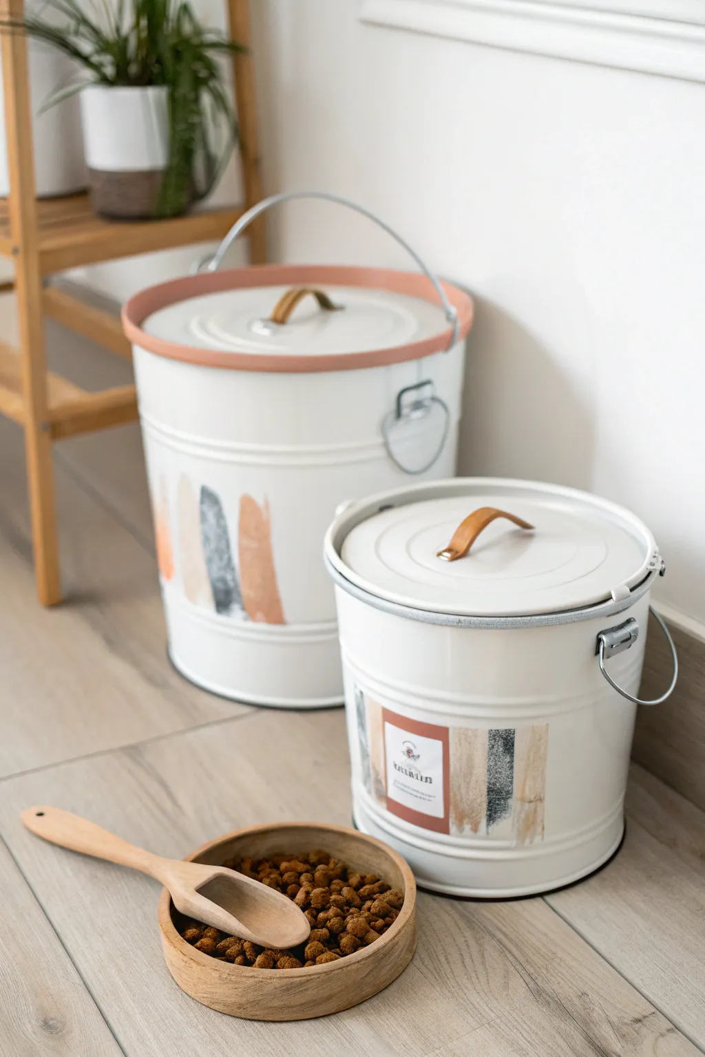 Minimal pet food station: repurposed paint buckets with lids and scoop, clean boho styling.