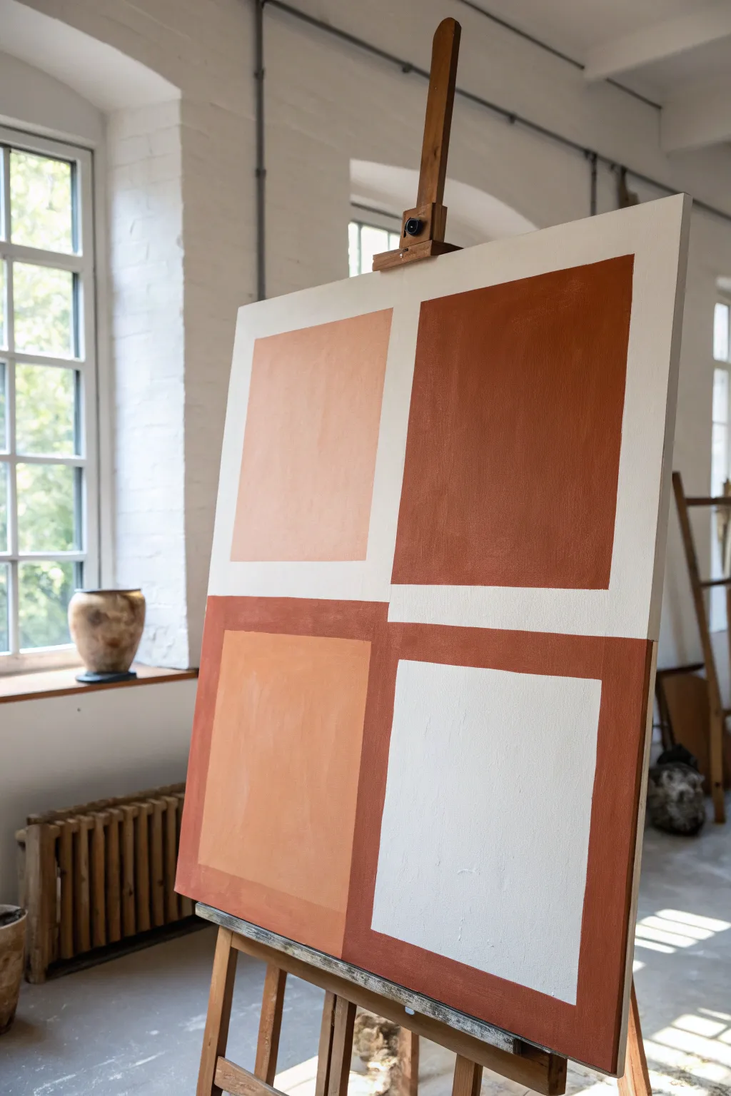 Monochrome value study on canvas in one warm hue, many tints, with bold light-to-dark contrast