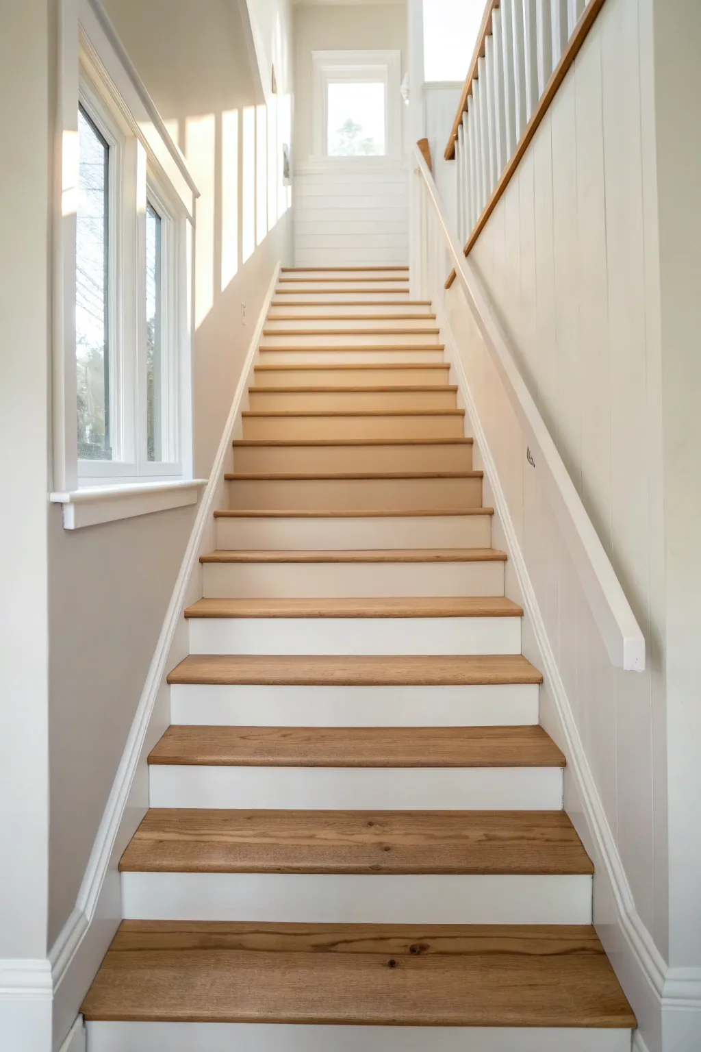 Subtle ombre stair risers create a dreamy gradient that elevates a minimalist entryway.