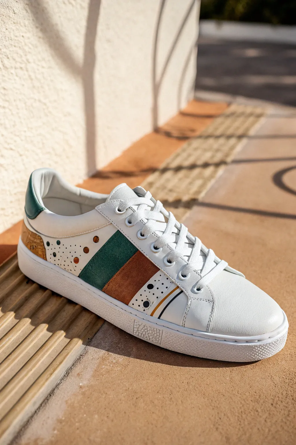 Minimal sneaker pattern panels in paint marker, crisp stripes and dots on a clean white canvas