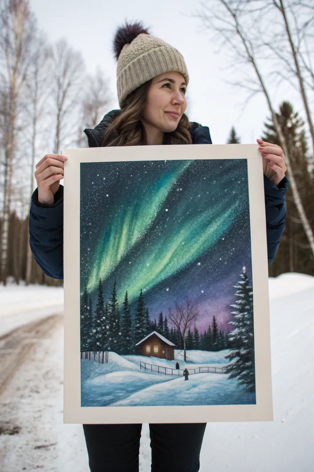 Cozy winter paint party idea: aurora ribbons over a snowy cabin in a minimalist night sky