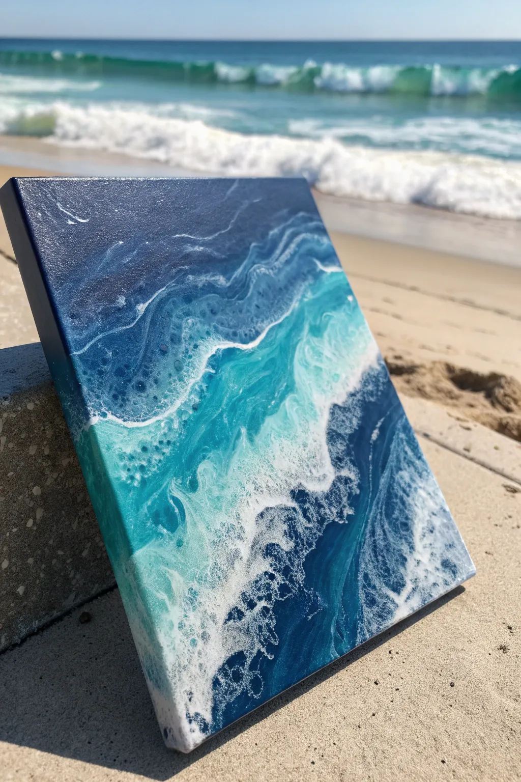 Layered ocean blues with crisp white lacing and a glossy beachy wave pour finish.