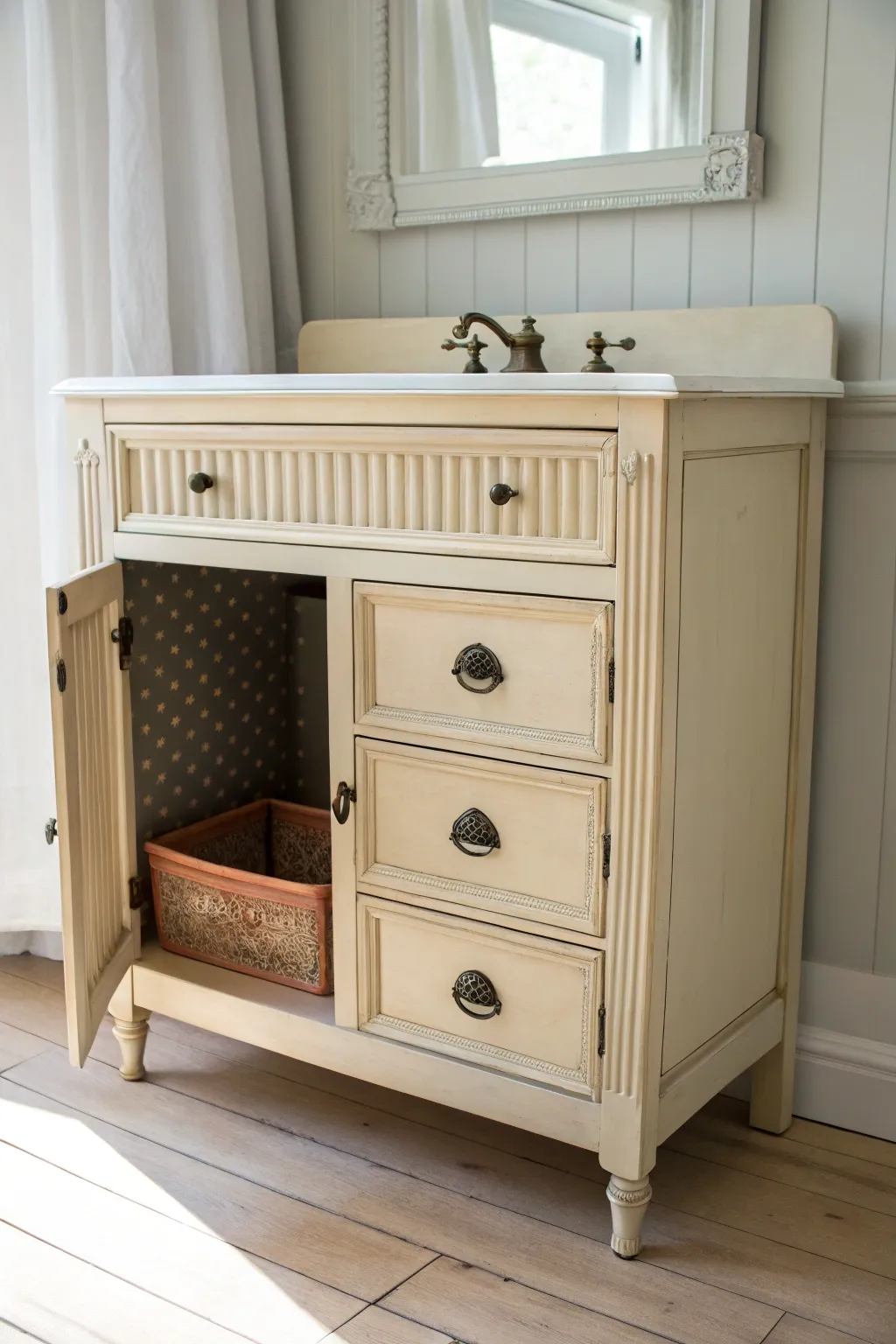 Classic antique vanity outside, secret painted patterns inside each drawer for a soft boho twist