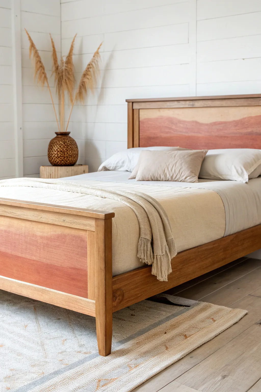 Ombre-painted bed frame fading from terracotta footboard to blush headboard in calm minimal style