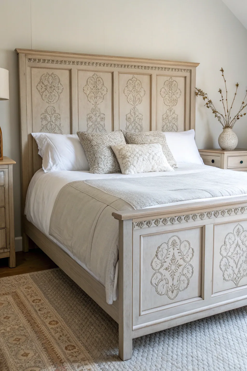 Tone on tone stenciled headboard panels add quiet boho charm to a painted minimalist bed.