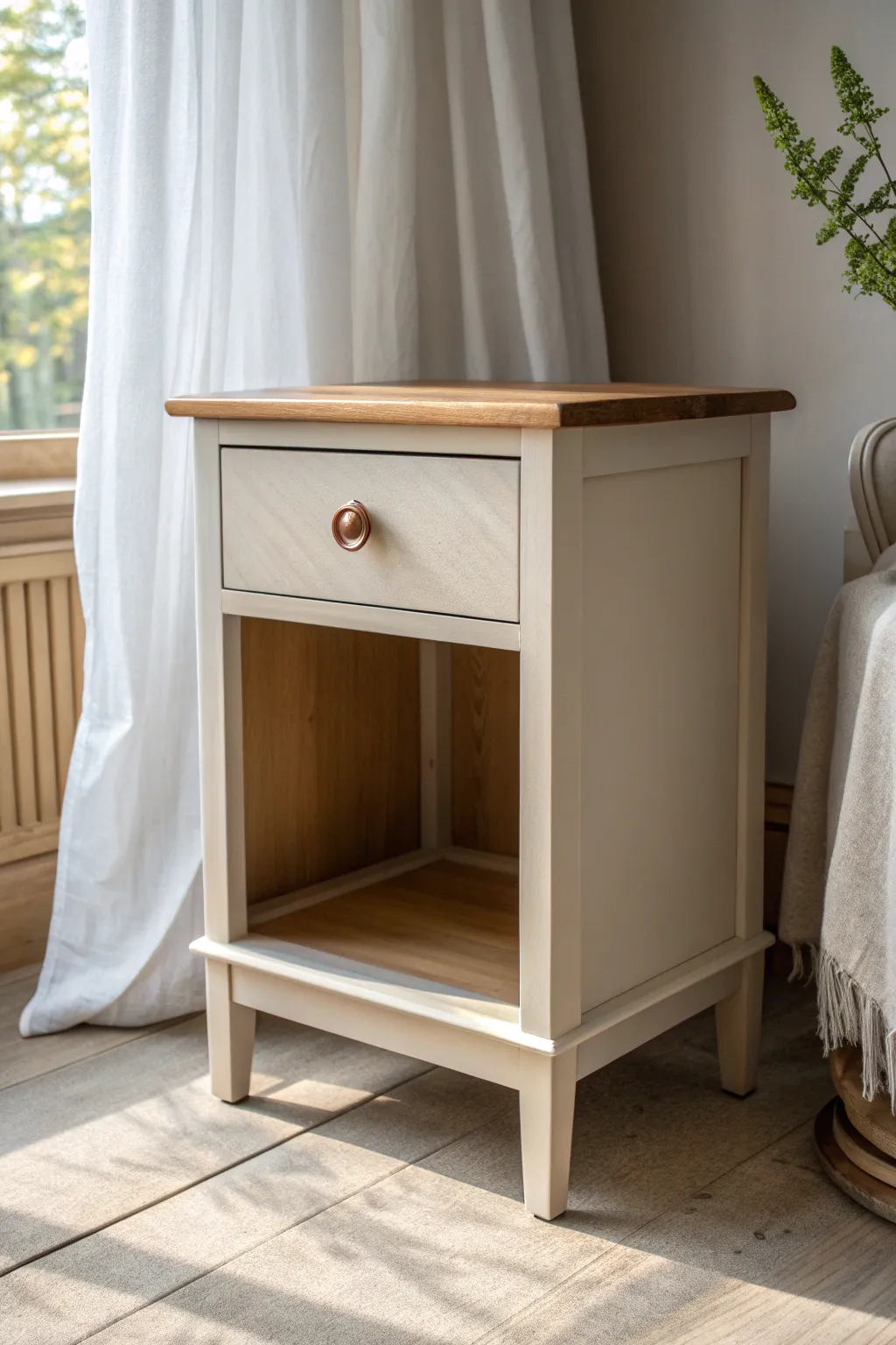 Neutral nightstand with a bold terracotta drawer interior for a chic hidden surprise color pop