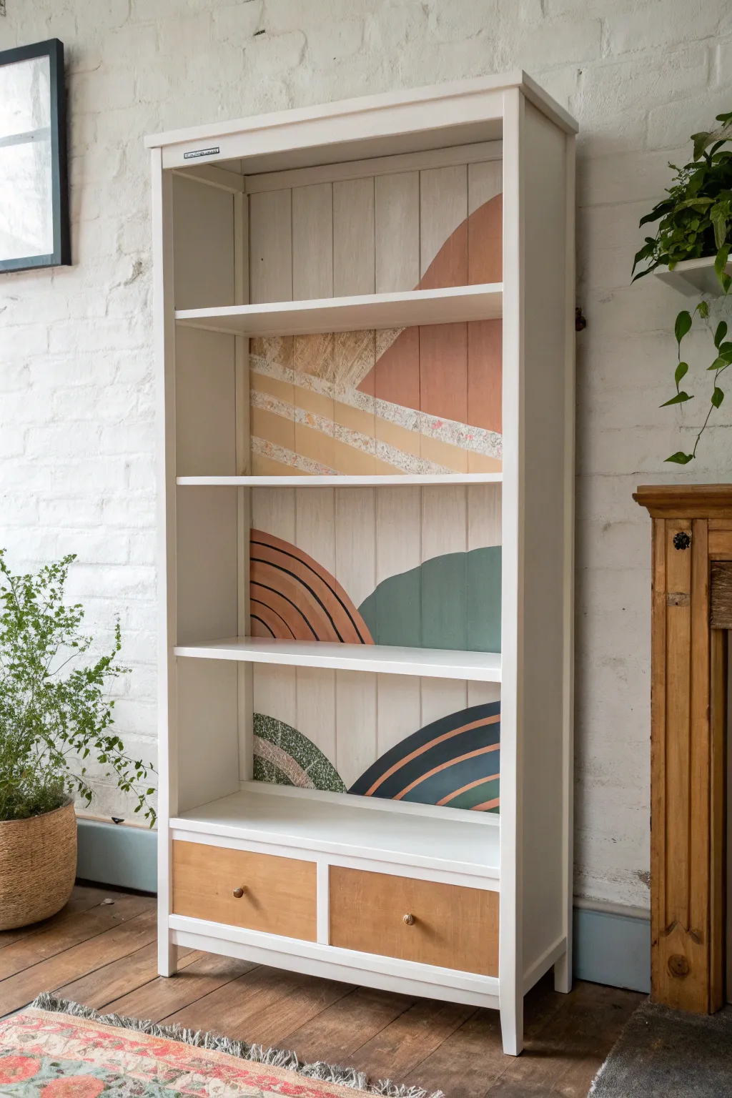 A minimal bookcase becomes art with a simple hand-painted mural on the back panel.