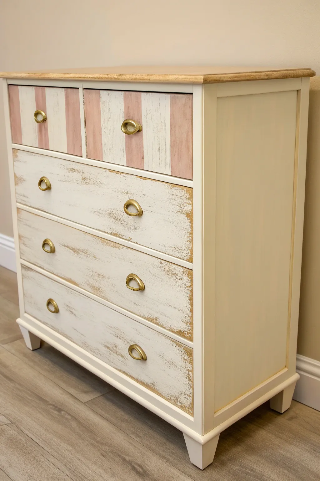 Matte-painted chest with satin accents, revealing elegant sheen contrast in a calm Scandi boho look