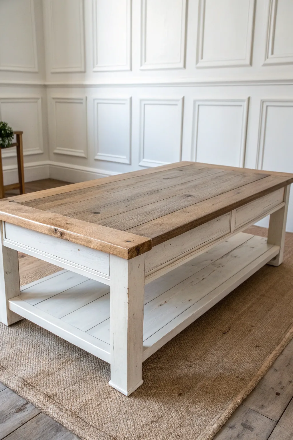 Milk-paint charm with chippy layers and warm wood peeking through for cozy minimalist vibes