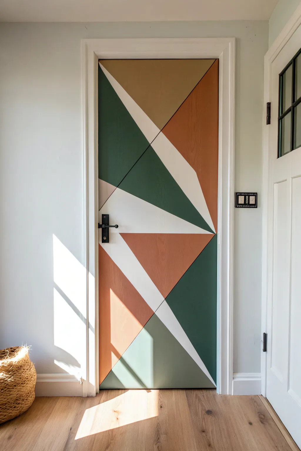 Geometric color-block painted door in a calm Scandi palette for a bold yet minimal entry.