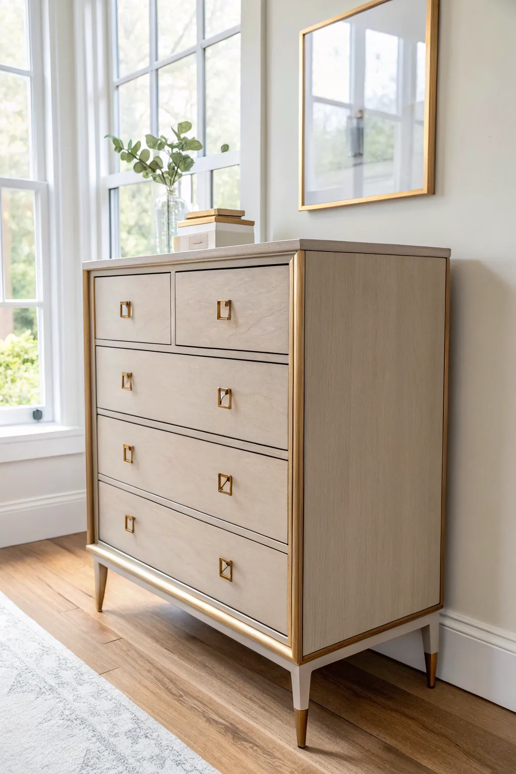 Minimalist dresser in matte paint with delicate metallic trim, softly glowing in side light.