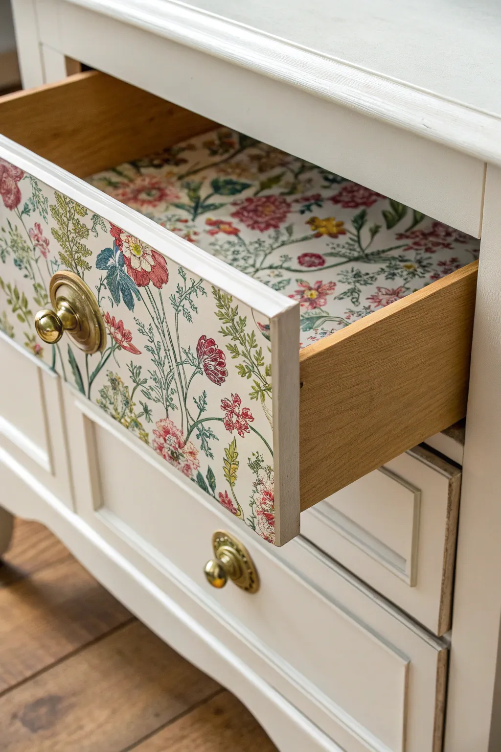 Add a hidden pop of joy to your upcycled furniture with floral decoupage drawer sides.