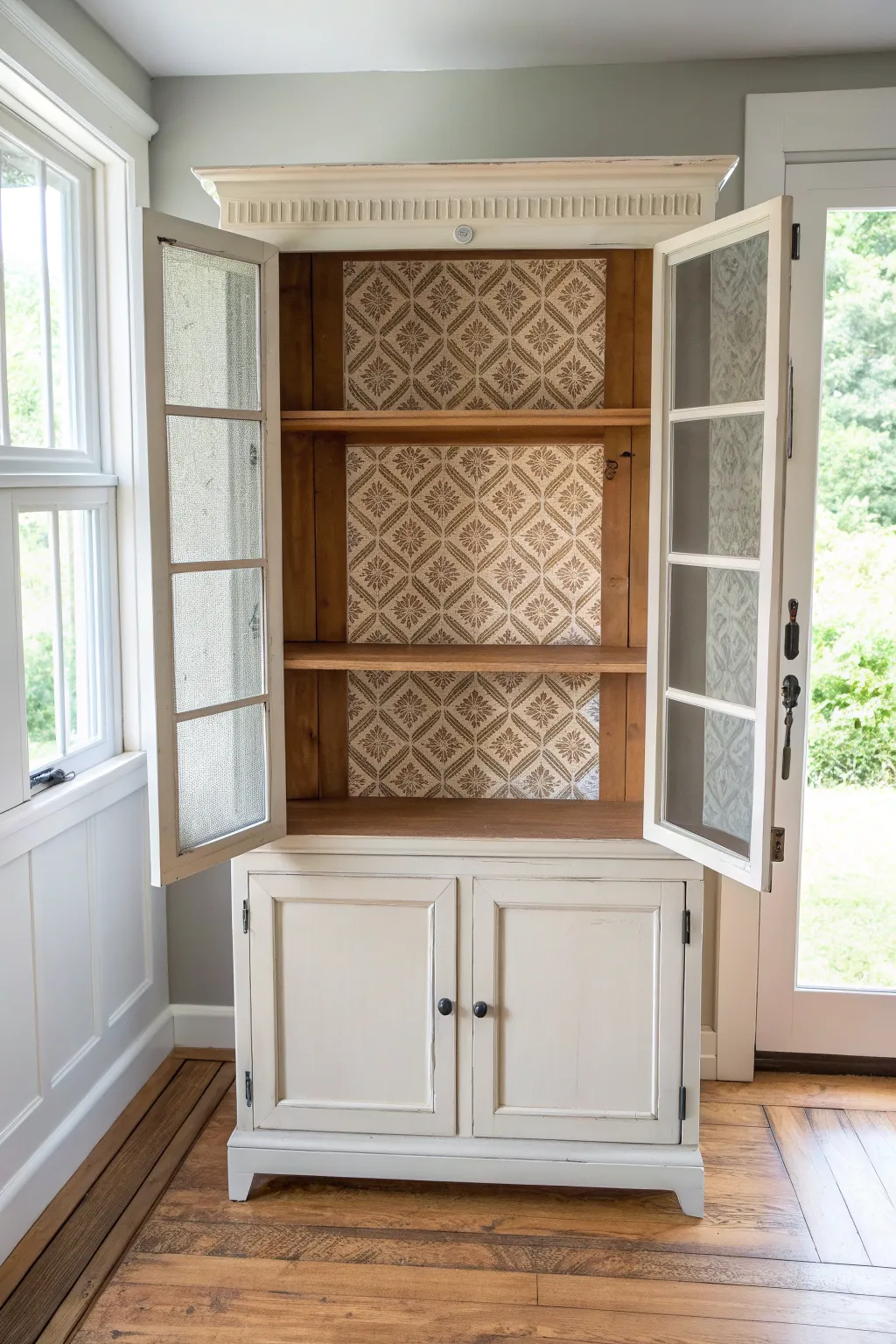 Crisp stenciled backing on a softly distressed painted hutch, minimalist boho handcrafted charm.