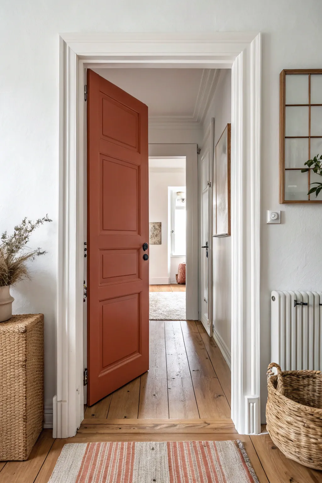 A neutral hallway door that opens to a bold terracotta interior for a playful surprise pop