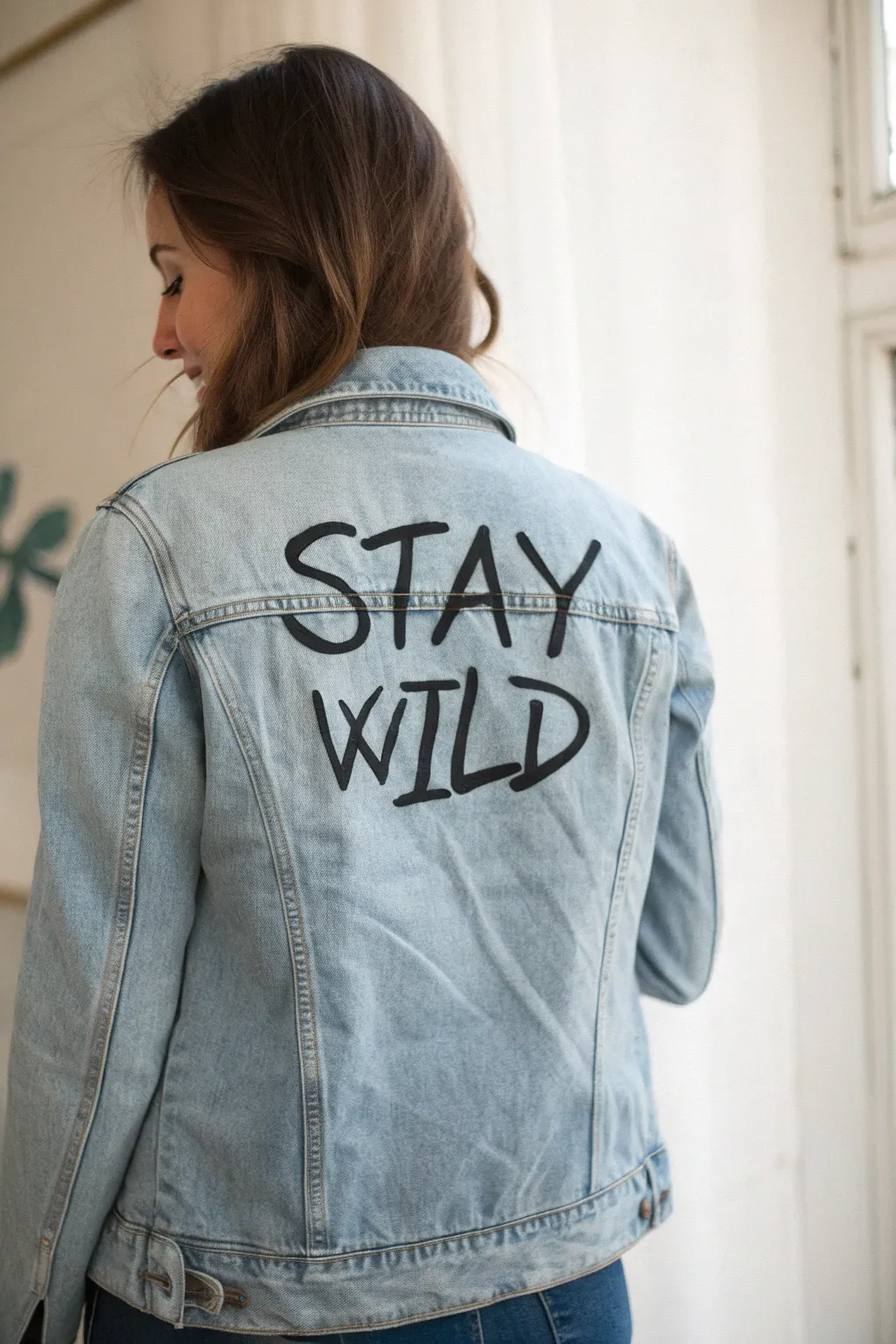 A bold hand-lettered quote on a worn denim jacket backpiece, minimal boho and easy to recreate