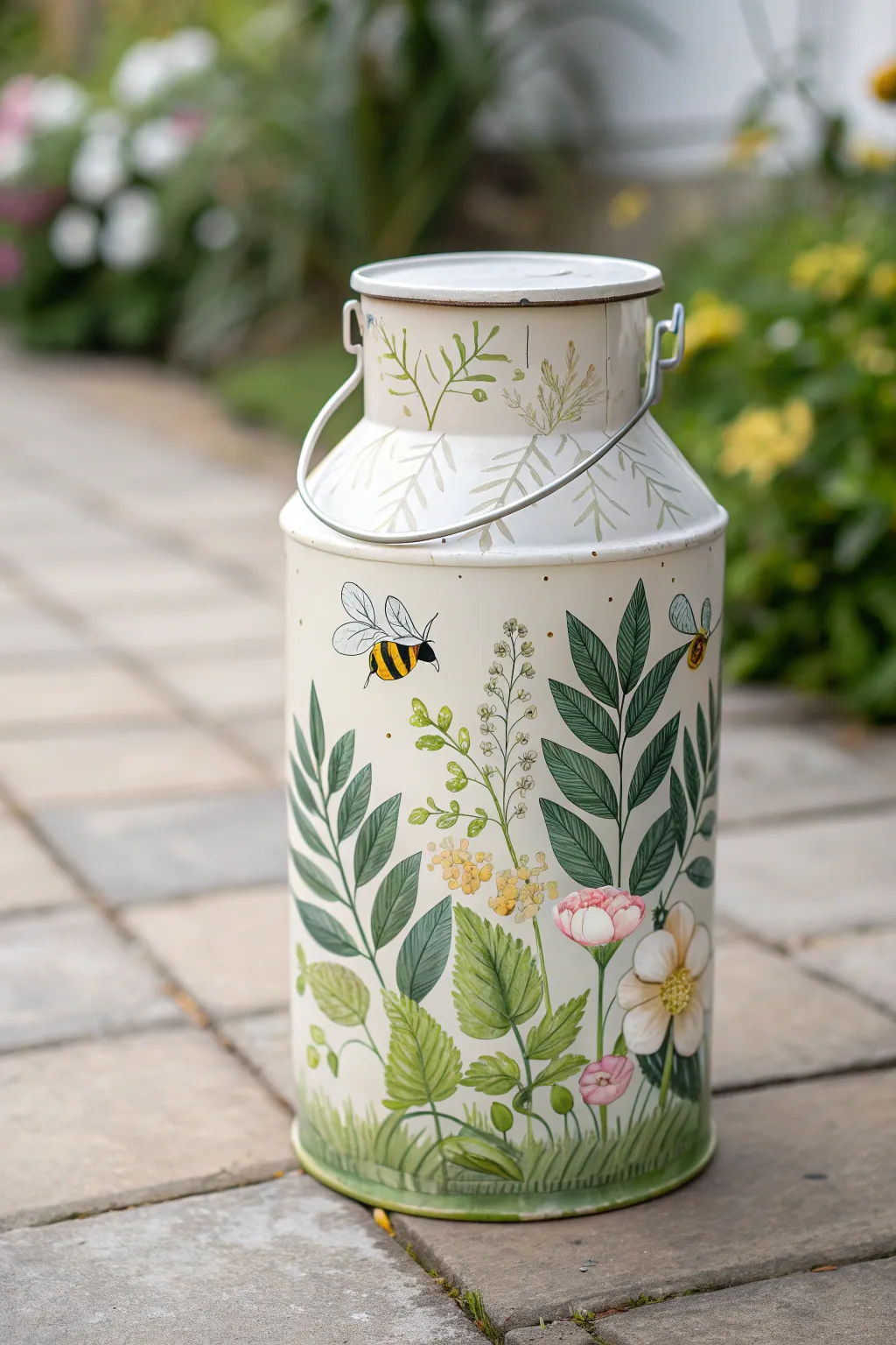 Sunny garden-painted milk can with blooms and bees, styled in warm minimalist patio light