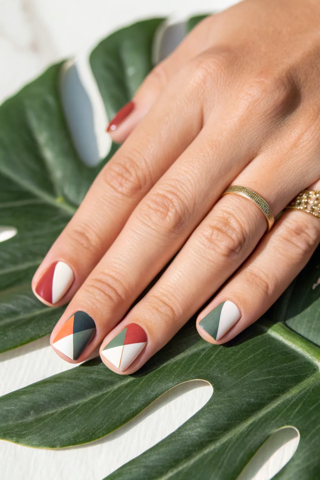 Bold color-block geometric nail art in a clean top-down flat lay, Scandinavian minimal with boho warmth