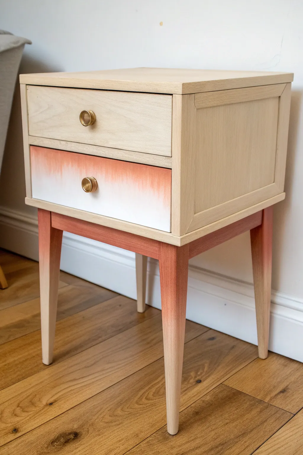 Soft ombre nightstand fade from blush to clay, minimalist Scandinavian with boho warmth