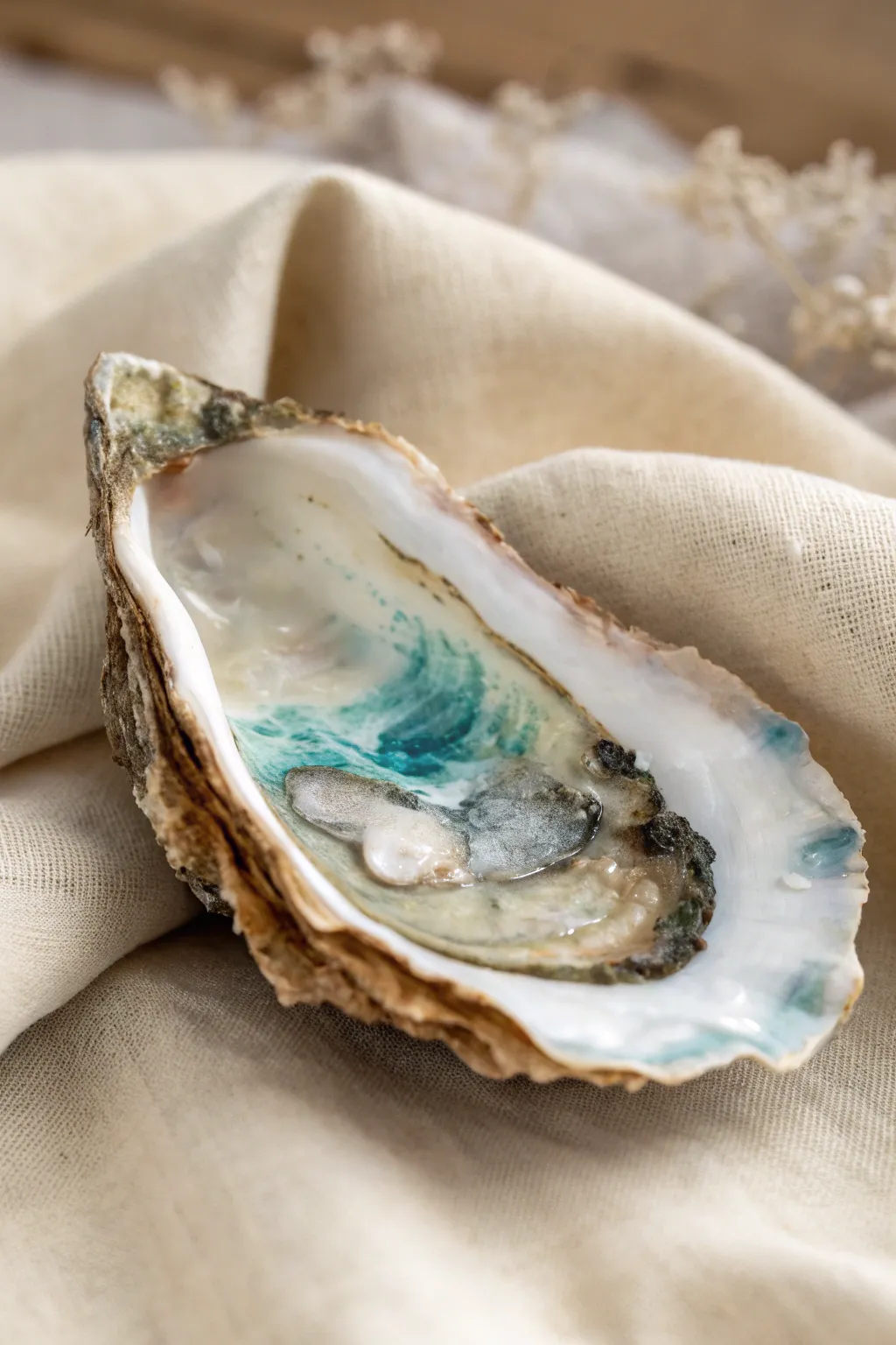 Textured sand and painted waves inside one oyster shell, minimalist coastal mixed media close-up