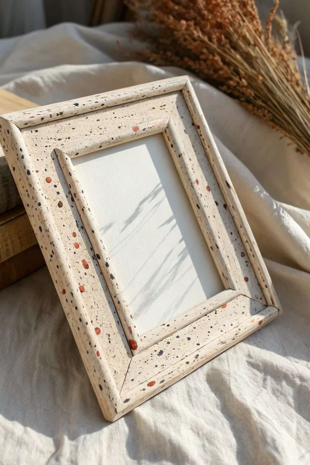 Speckled splash frame texture for instant artsy energy in calm Scandinavian-boho minimalism