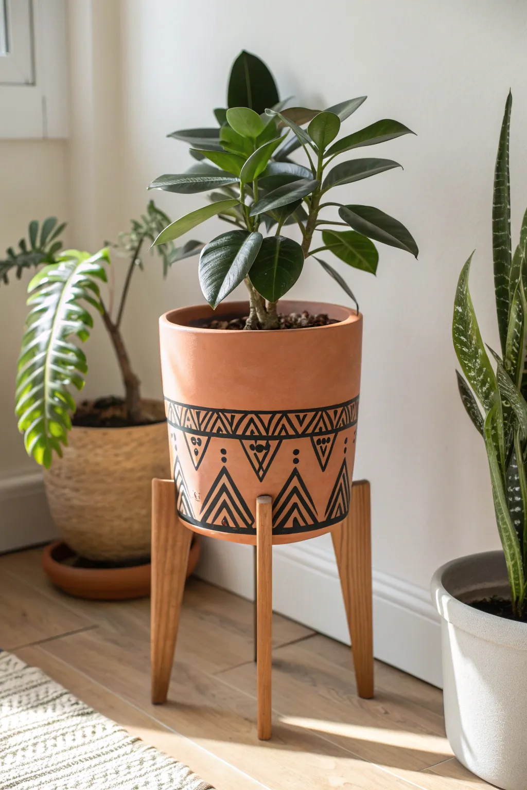 Geometric line art legs on a painted plant stand, simple Scandinavian style with a boho touch.