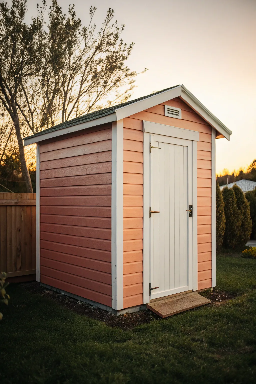 Ombre shed glows like a sunset, fading from soft peach to deep terracotta in dreamy evening light.