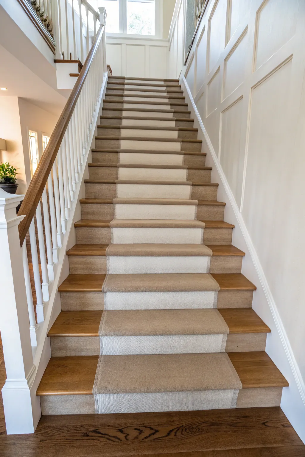 Ombre risers softly fade step by step, while a neutral runner keeps the staircase calm and grounded.