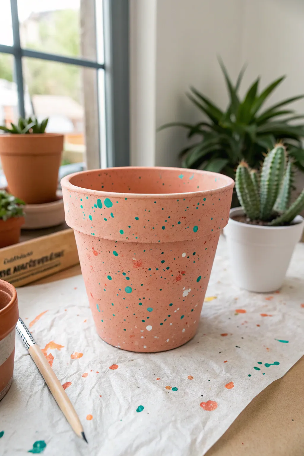Splatter-painted terracotta pot brings creative chaos to a clean minimalist boho craft corner