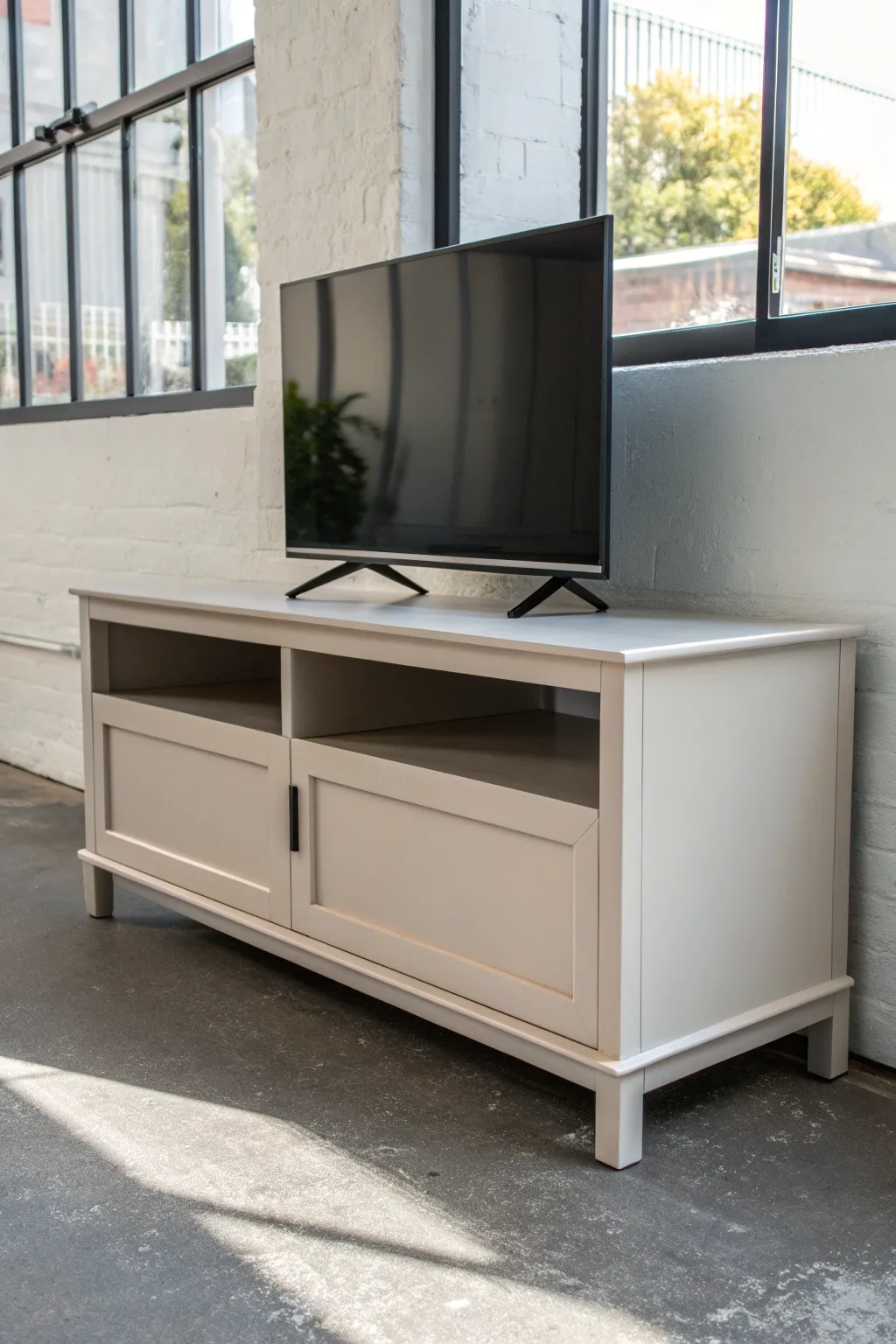 High-gloss painted TV stand with clean lines and reflections for sleek minimalist style.