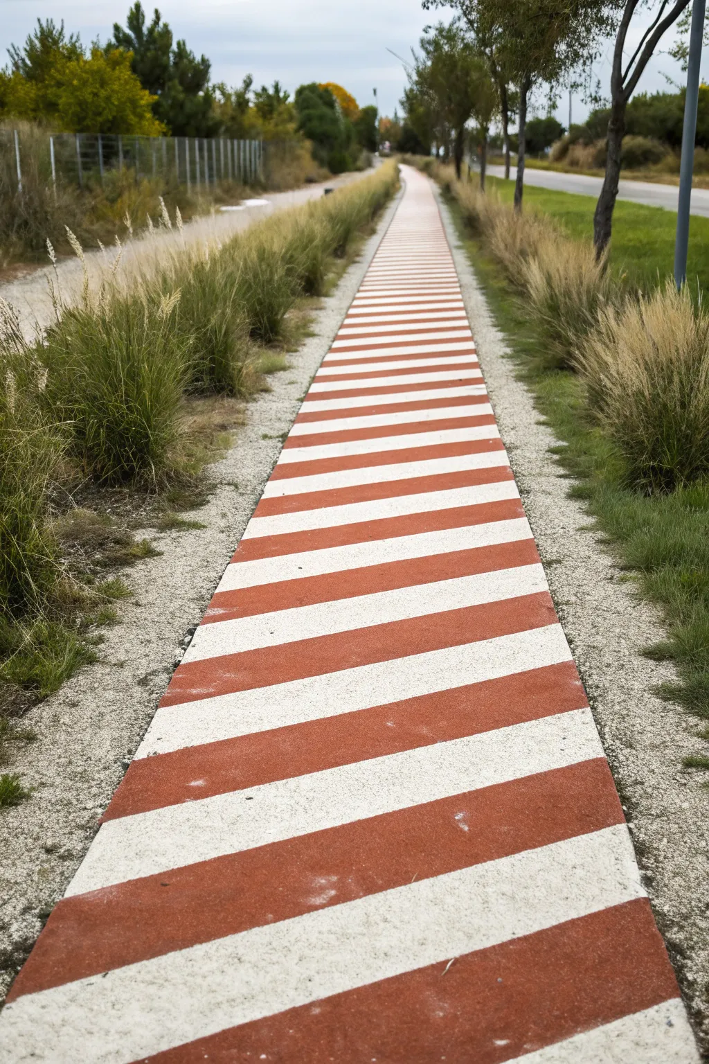 Diagonal painted stripes create a clever illusion, making a narrow walkway feel wider and brighter.