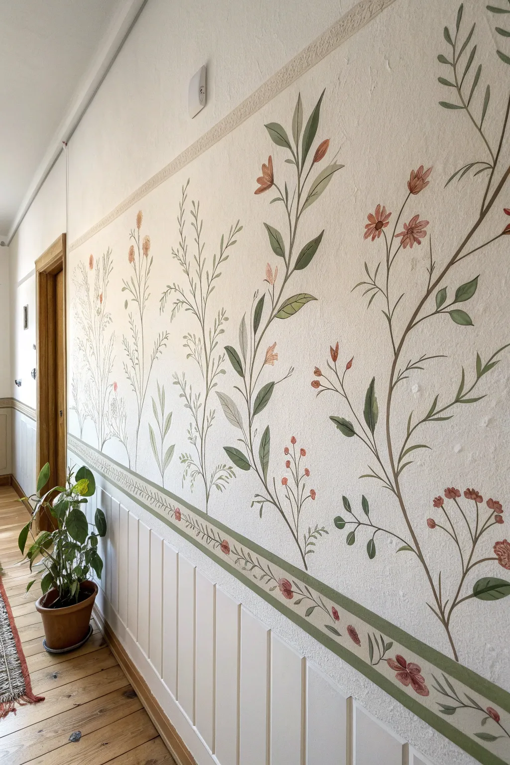 Botanical vine wall border with soft leaves and tiny blooms for airy Scandinavian boho style