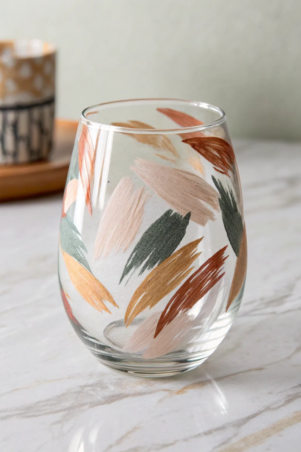 Loose abstract brushstrokes on a stemless glass with airy negative space and bold shadows