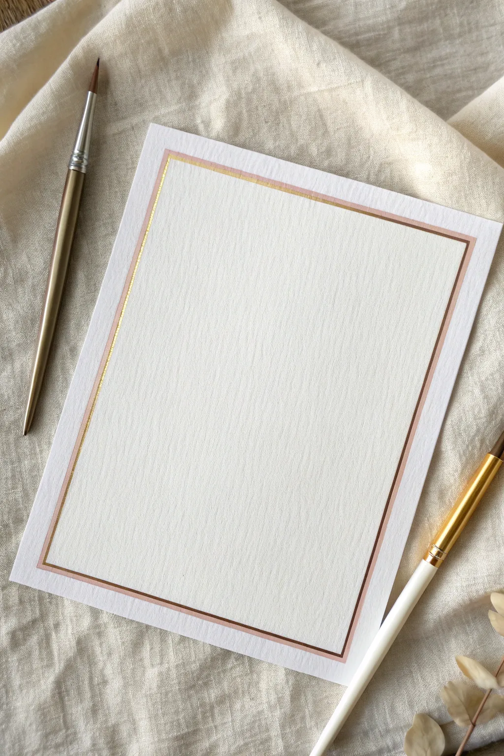 Minimal metallic line border with soft blush wash, clean corners, Scandinavian calm.