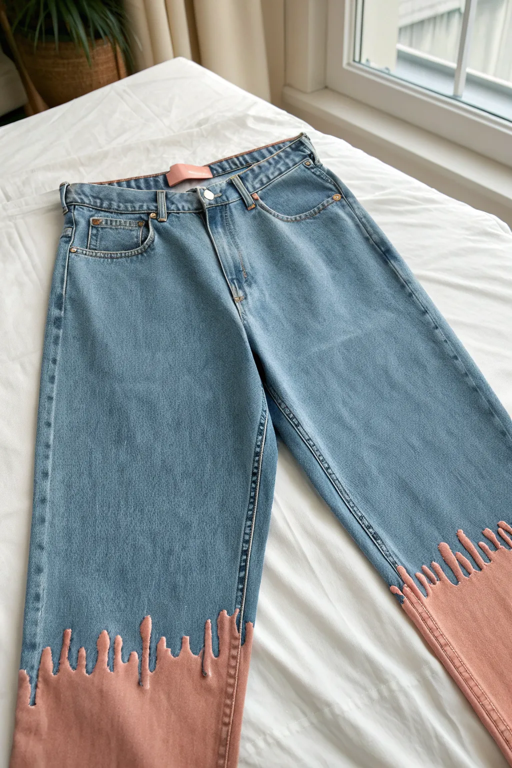 Drippy paint edge effect on a denim waistband, showing glossy drips fading into dry texture.